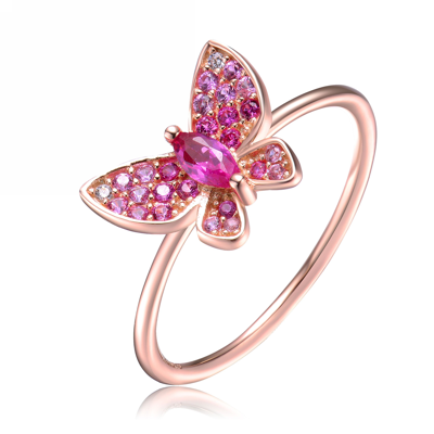 Genevive Sterling Silver Rose Gold Plated Ruby Cubic Zirconia Butterfly Ring In Pink