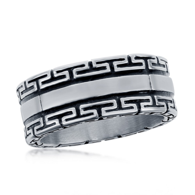 Blackjack Stainless Steel Oxidized Greek Key Ring In Silver