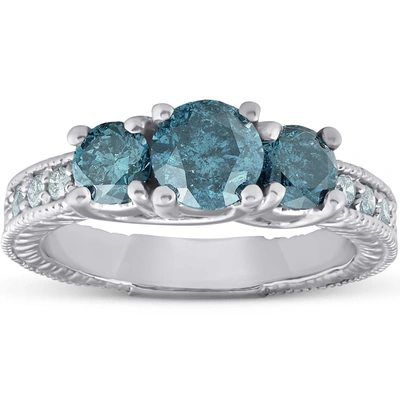 Pompeii3 1 1/2 Ct Three Stone Vintage Blue Diamond Engagement Ring 14k White Gold Antique In Silver