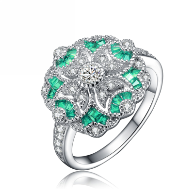 Genevive Sterling Silver Emerald Cubic Zirconia Floral Cocktail Ring In Green