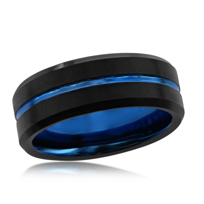 Blackjack Men's Beveled Etched Stripe Band In Tungsten & Ion-plating In Black