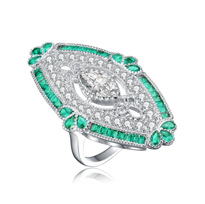 Genevive Sterling Silver Emerald Cubic Zirconia Coctail Ring In Green