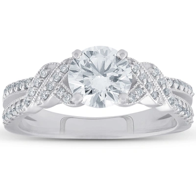 Pompeii3 1 1/2ct Vintage Diamond Engagement Ring 14k White Gold Round Brilliant Cut In Silver