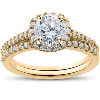 Pompeii3 1/2ct Diamond Madison Cushion Halo Engagement Ring Setting & Matching Band In Blue