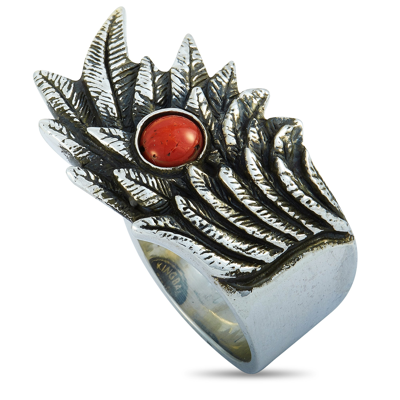 King Baby Raven Wing Sterling Silver And Coral Cabochon Ring In Multi