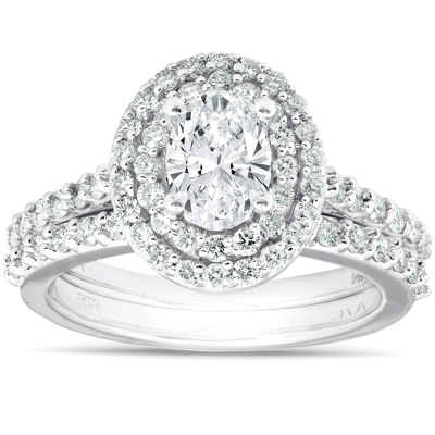 Pompeii3 2ct Oval Diamond Double Halo Engagement Wedding Ring Set 14k White Gold In Silver