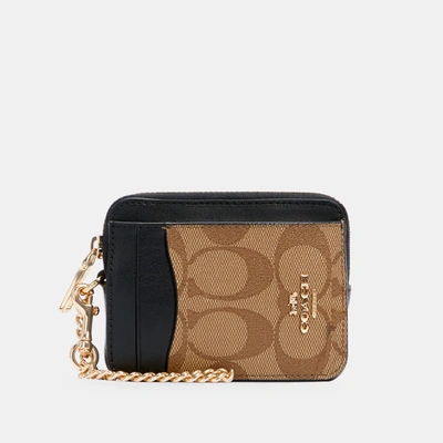 Coach Outlet Zip Card Case In Blocked Signature Canvas In Beige