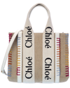 Chloé Woody Small Leather-trimmed Linen-canvas Tote In Multi