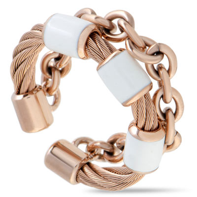 Charriol St. Tropez Stainless Steel And Pink Pvd White Enamel Cable And Chain Band Ring In Multi-color