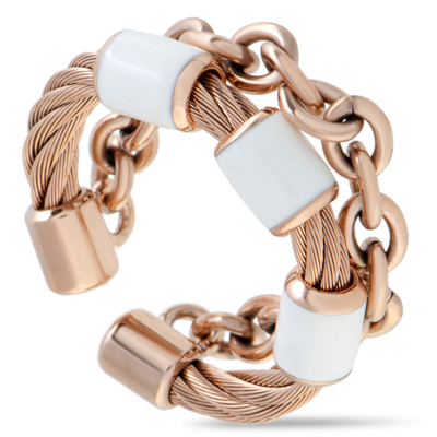 Charriol St. Tropez Stainless Steel And Pink Pvd White Enamel Cable And Chain Band Ring In Multi
