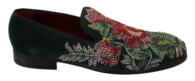 Dolce & Gabbana Green Velvet Floral Embroidery Loafers Shoes