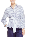 Pearl By Lela Rose Poplin Full Sleeve Belted Top In Blue