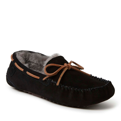 Dearfoams Fireside By  Men's Victor Moccasin Lace Tie Genuine Shearling Slippers In Black