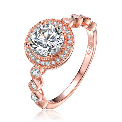 Genevive Sterling Silver Rose Gold Plated Cubic Zirconia Pave Solitaire Ring In Pink