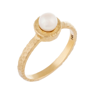 Splendid Pearls 14k Yellow Hammered Gold Pearl Ring In White