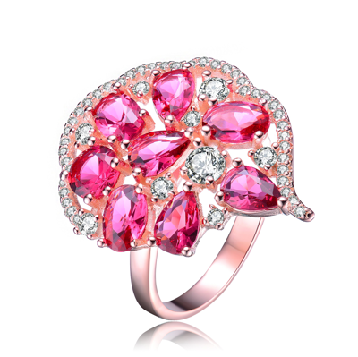 Genevive Sterling Silver Rose Gold Plated Ruby Cubic Zirconia Coctail Ring In Red