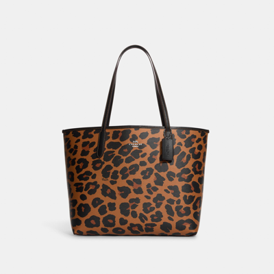 Coach Outlet City Tote With Leopard Print And Signature Canvas Interior In Orange