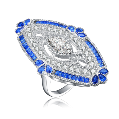 Genevive Sterling Silver Sapphire Cubic Zirconia Coctail Ring In Blue