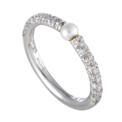 Mikimoto 18k White Gold Diamond And 3.0-3.5mm Akoya Pearl Band Ring In Silver