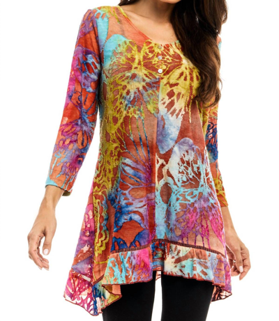 Adore V Neck Tunic With Buttons In Bright Butterfly Print In Multi