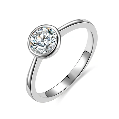 Rachel Glauber Rg White Gold Plated With Diamond Cubic Zirconia Bezel Solitaire Ring In Silver