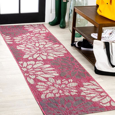 Jonathan Y Zinnia Modern Floral Textured Weave Indoor/outdoor Green/cream Square Area Rug In Pink