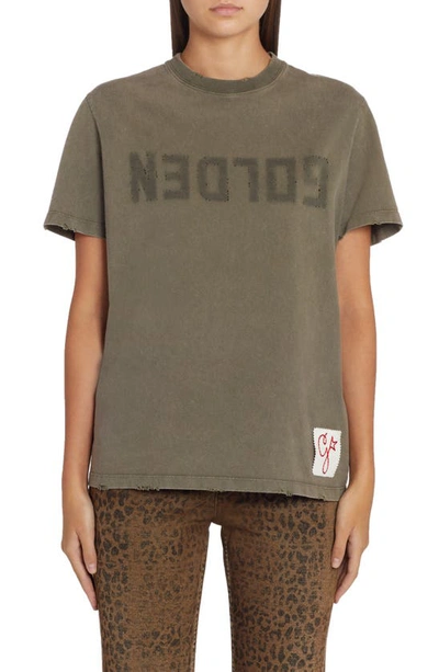 Golden Goose Distressed Cotton Logo Tee In Verde