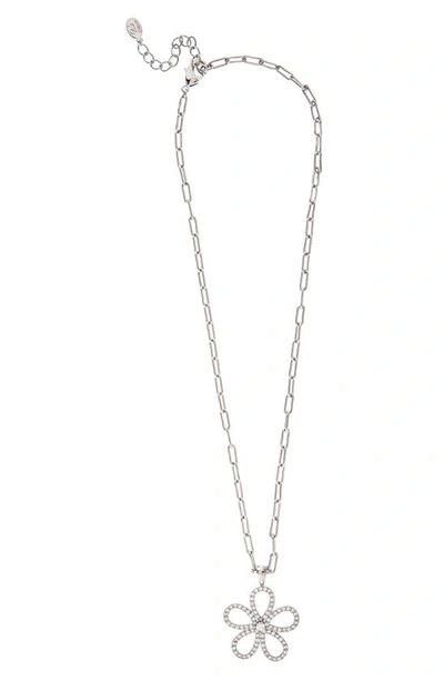 Rivka Friedman Rhodium Cubic Zirconia Flower Pendant Necklace In White Rhodium Clad