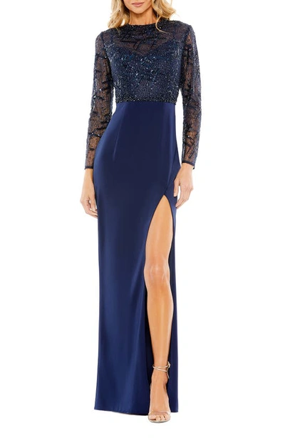 MAC DUGGAL BEADED MIX MEDIA LONG SLEEVE COLUMN GOWN