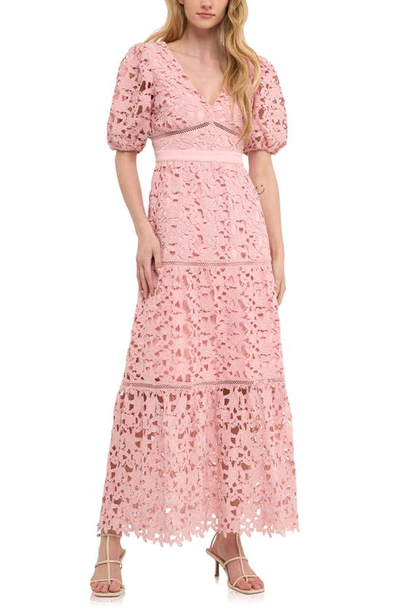 Endless Rose Puff Sleeve Tiered Lace Maxi Dress In Blush