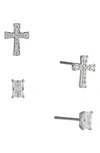 Nadri Cross & Baguette Cut Stud Earrings Set In Rhodium