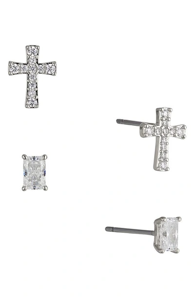 Nadri Cross & Baguette Cut Stud Earrings Set In Rhodium