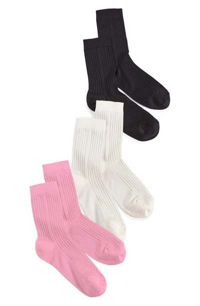 Stems 3-pack Silky Rib Crew Socks In Ivory/ Black/ Pink