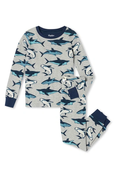 Hatley Kids' Swimming Shark Fitted Organic Cotton Two-piece Pajamas In Grey