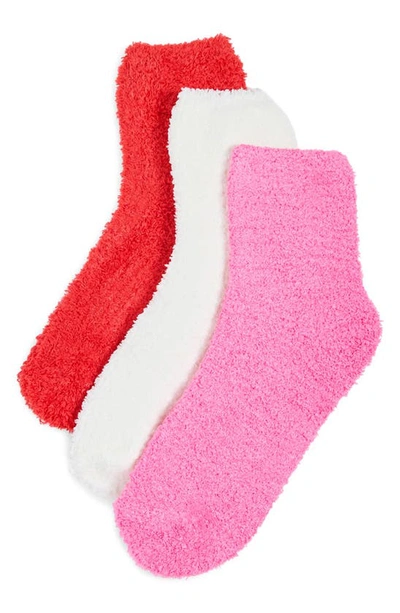 Stems Plush Cozy Ankle Socks 3-pack In Red,ivory,fuchsia