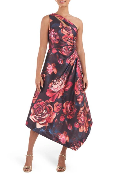 Kay Unger Iris Floral One-shoulder Midi-dress In Oxblood Multi