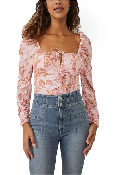 Free People Hilary Print Keyhole Neck Top In Pink Combo