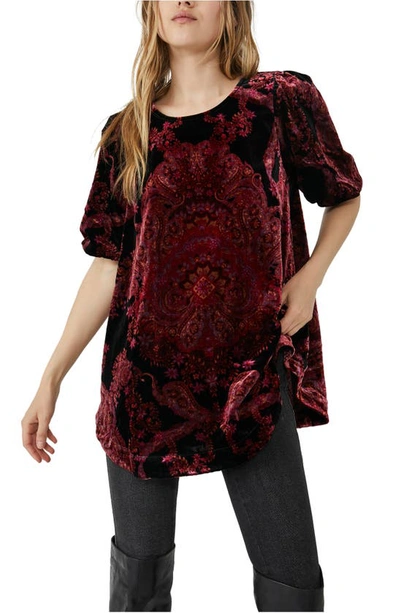 Free People Maye Print Puff Sleeve Velvet Tunic Top In Black Combo
