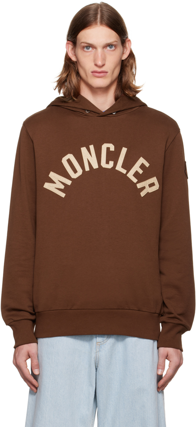 Moncler Logo-embroidered Cotton-jersey Hoodie In Brown