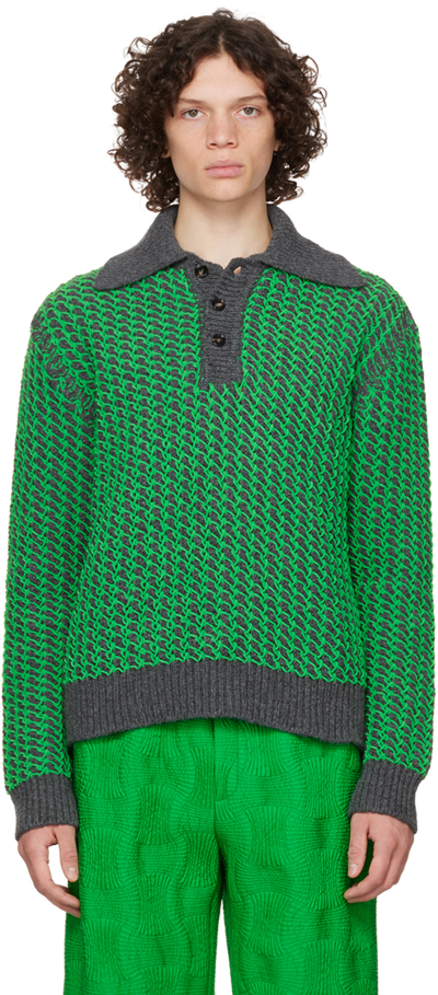 Bottega Veneta Slim-fit Cropped Chenille-trimmed Wool-blend Polo Shirt In Green