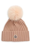 Moncler Wool Rib Beanie With Faux Fur Pompom In Beige