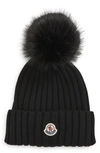 Moncler Ribbed Knit Wool Beanie With Faux Fur Pom-pom In Black