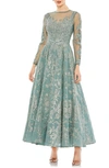 Mac Duggal Embellished Bow Belt Illusion Long Sleeve A Line Dress In Jade
