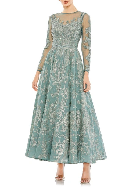Mac Duggal Beaded Floral Long Sleeve Illusion Lace Gown In Jade