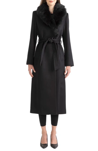 Sofia Cashmere Wool & Cashmere Longline Coat With Genuine Shearling Trim In Black