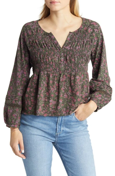 Lucky Brand Women's Textured Smocked Long-sleeve Babydoll Top In Purple Multi