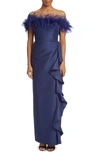 BADGLEY MISCHKA RUFFLE OFF THE SHOULDER FEATHER TRIM GOWN