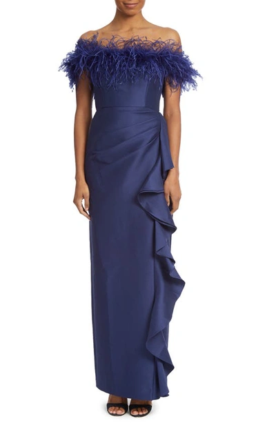 Badgley Mischka Off-the-shoulder Feather Ruffle Gown In Blue