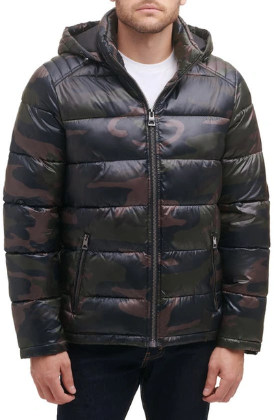 Guess Hooded Solid Puffer Jacket In Camo Olive