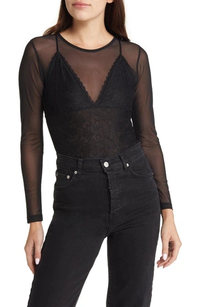 Allsaints Nyla Long-sleeved Mesh And Lace Bodysuit In Black